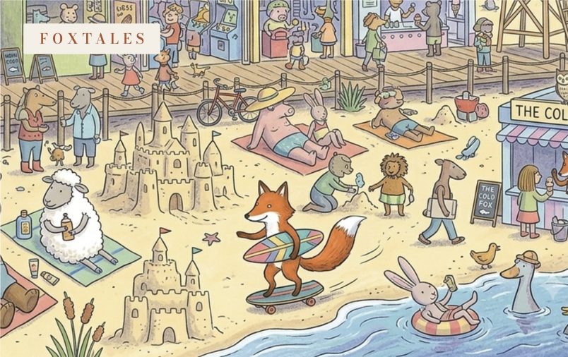 Card No. 03, The Boardwalk — a fox skateboards along a busy beach with a surfboard