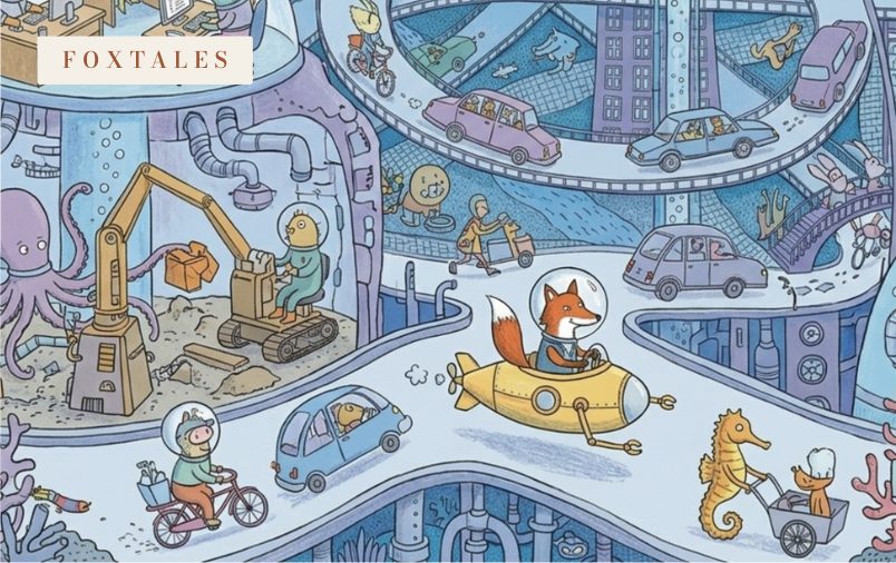 Card No. 05, Aqua-polis — a fox drives a yellow submarine through an underwater city