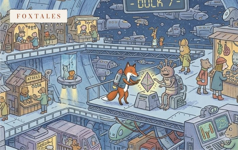 Card No. 08, Galactic Bazaar, Dock 7 — a fox trades for a glowing gem at a space-station market