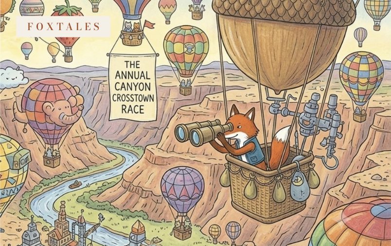 Card No. 10, The Canyon Balloon Race — a fox with binoculars rides an acorn balloon over a canyon