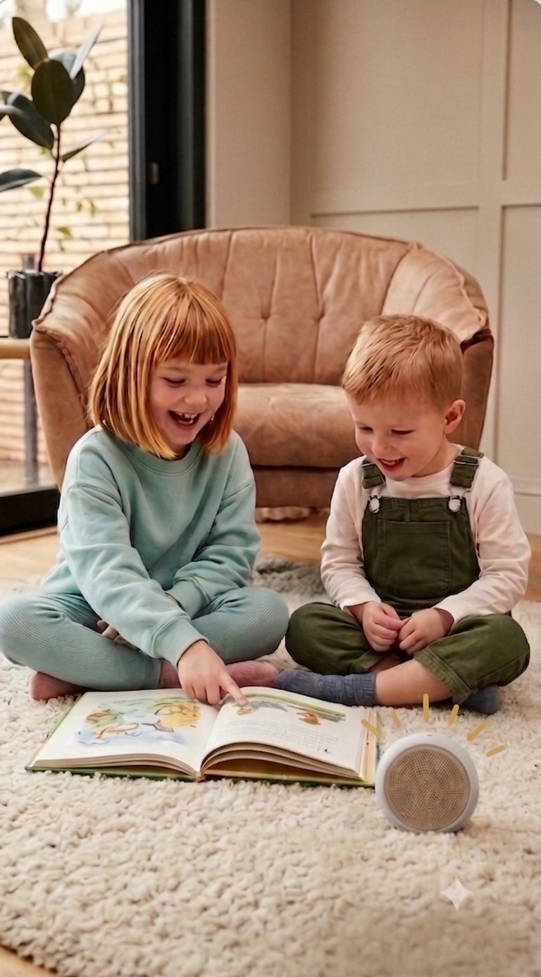 Two kids reading along with a Foxtales speaker